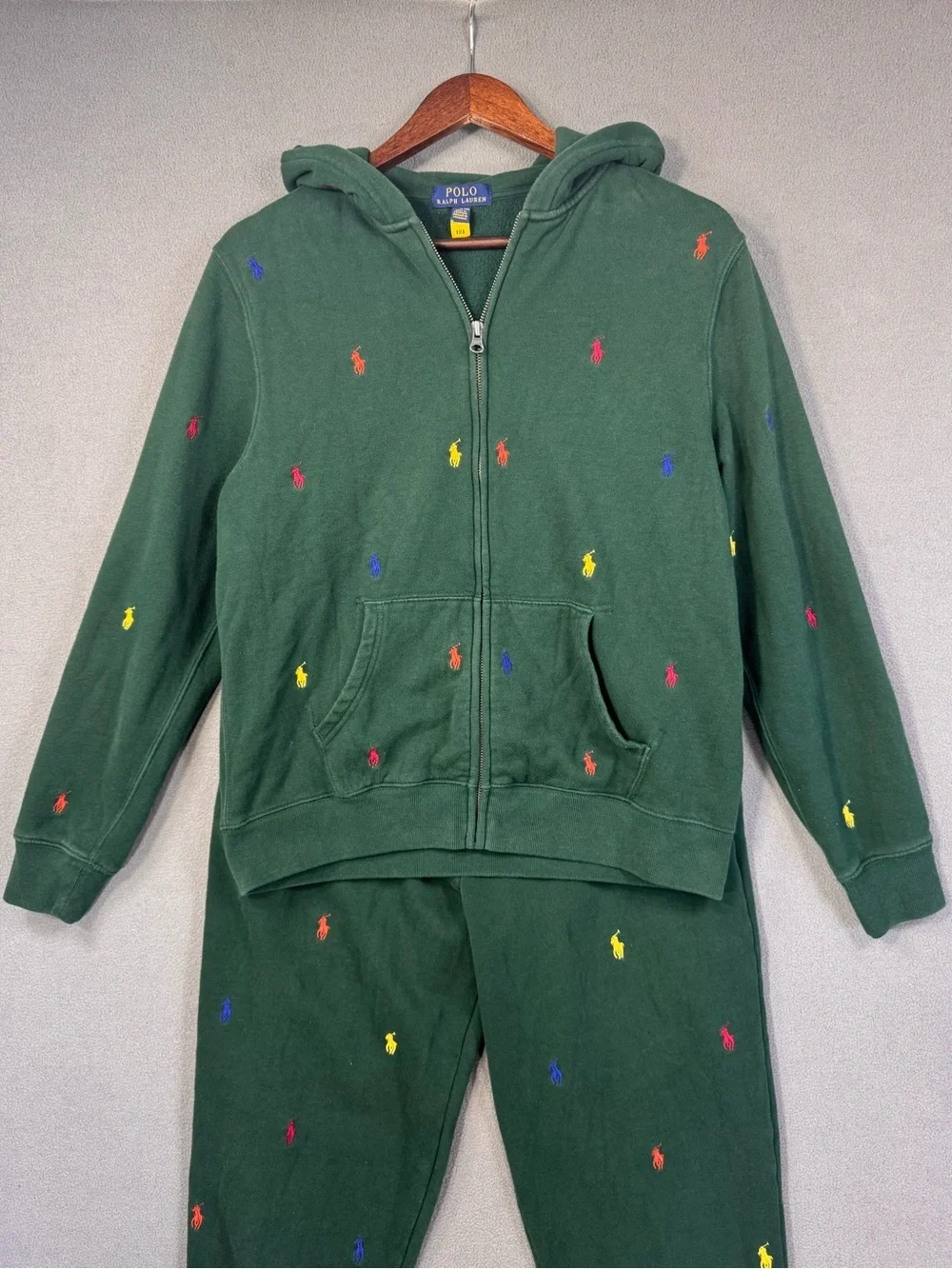 Polo Ralph Lauren Green Fleece Jogger Sweater Set with Colorful Pony Logos, XL